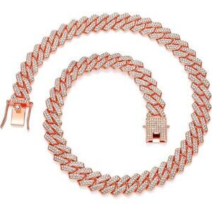 Rose Gold Cuban Link Chain For Men Women Iced Out Chain Miami Cuban Necklace